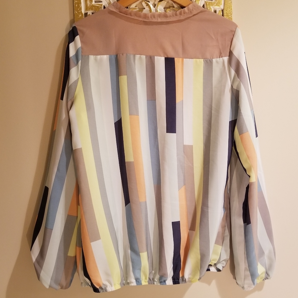 NIFE Stripe Colorblock Surplice Faux Wrap Blouse Top - Picture 9 of 9